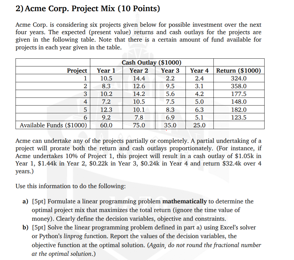 2) Acme Corp. Project Mix (10 Points) Acme Corp.