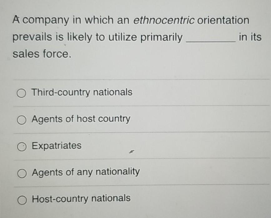 A company in which an ethnocentric orientation