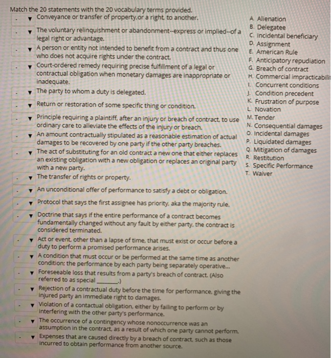 Match the 20 statements with the 20 vocabulary