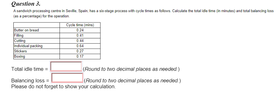 Question 3. A sandwich processing centre in
