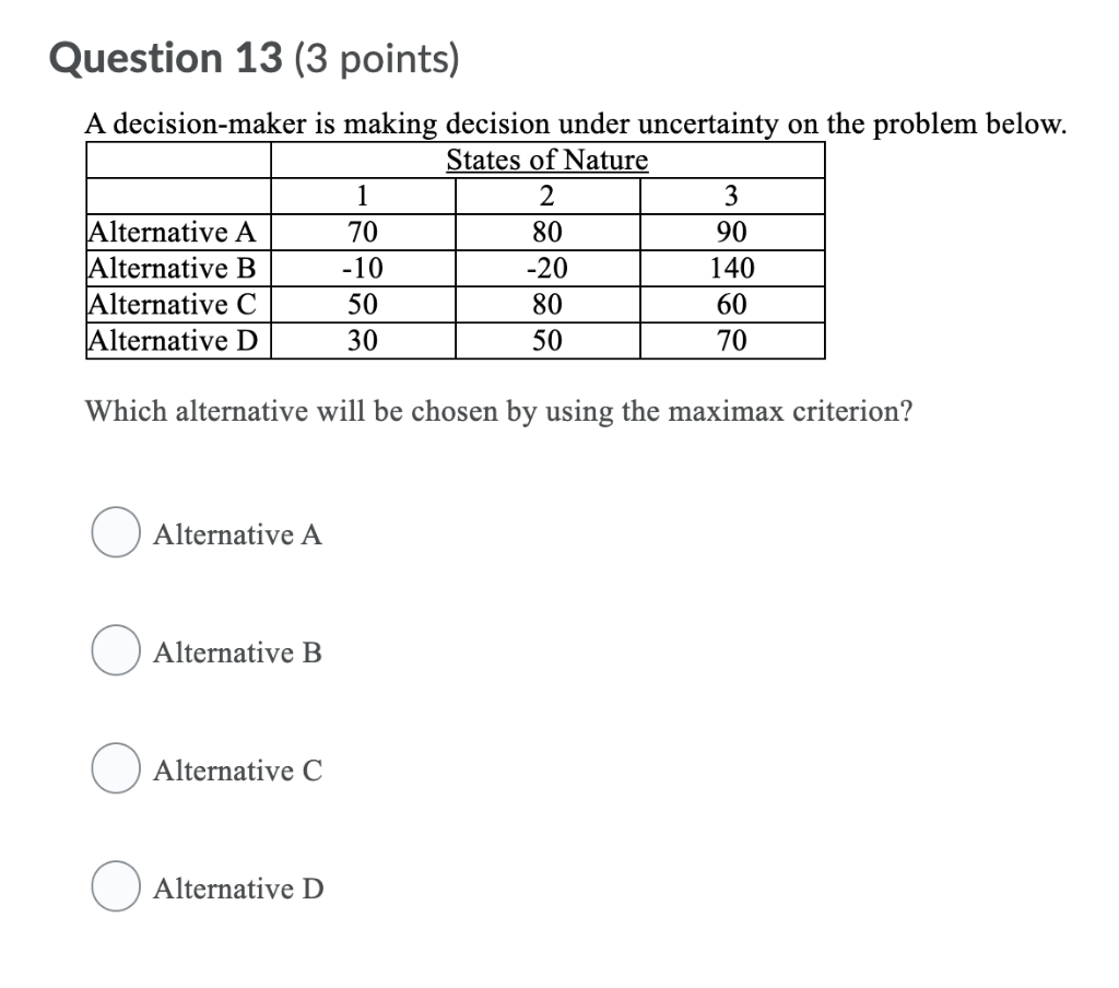Question 13 (3 points) A decision-maker is making