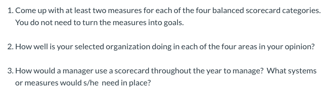 1. Come up with at least two measures for each of