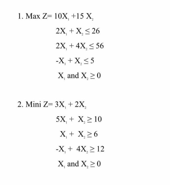 Linear Programming 1. Max Z= 10X, +15 X, 2X, + X,