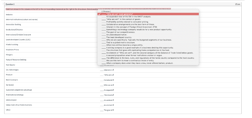 match an answer in the column on the left to the