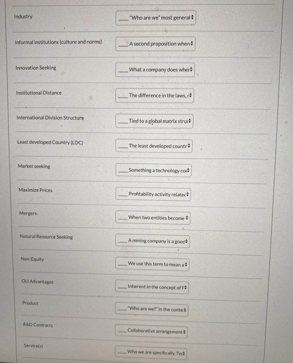 match an answer in the column on the left to the