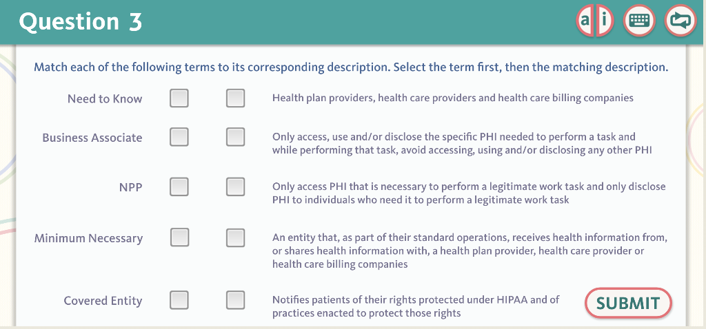 hipaa matching Question 3 a D Match each of the