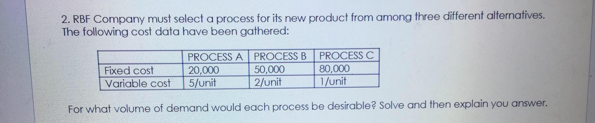 2. RBF Company must select a process for its new
