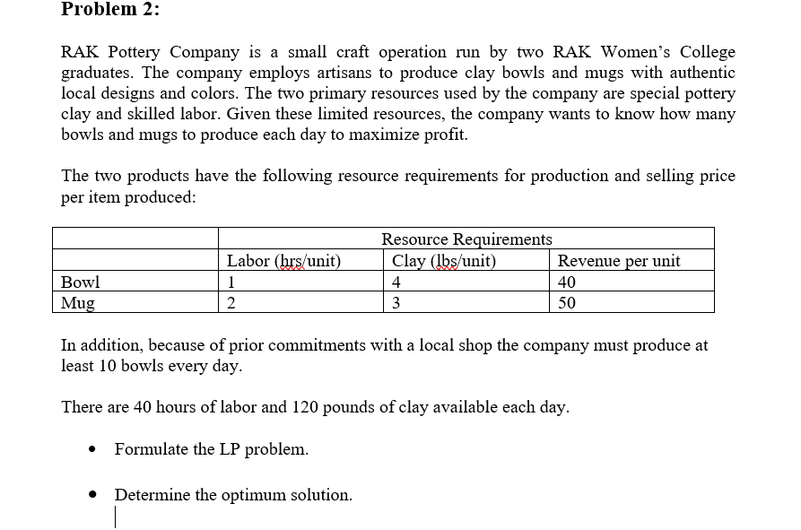 Problem 2: RAK Pottery Company is a small craft
