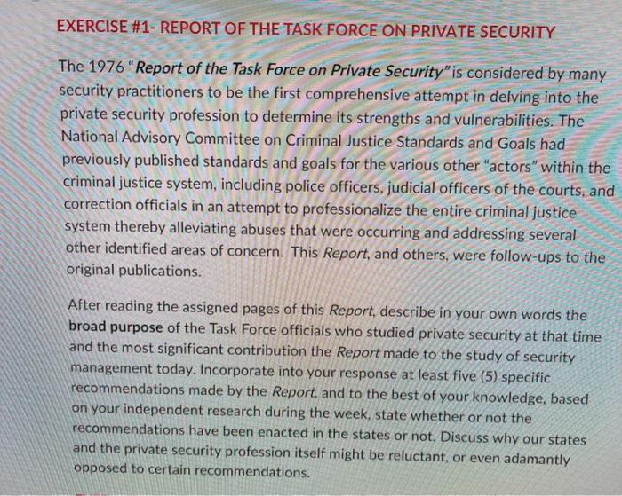 EXERCISE #1- REPORT OF THE TASK FORCE ON PRIVATE