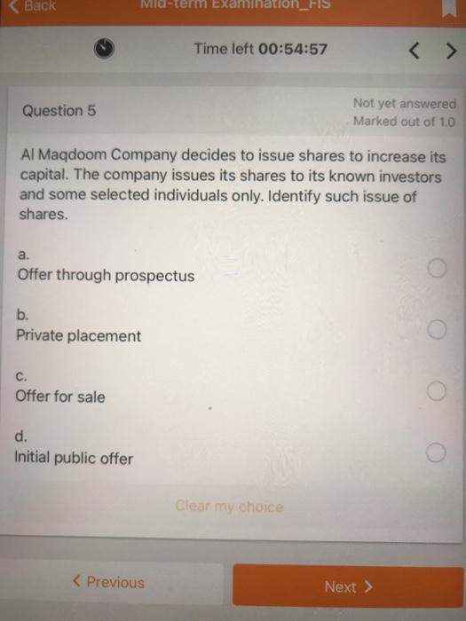 Back rm Examinations Time left 00:54:57 Question