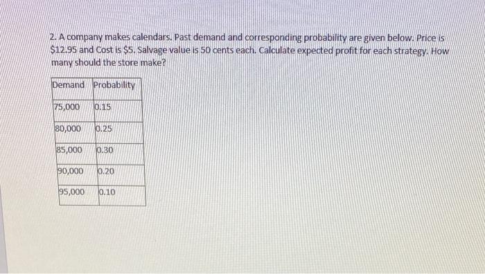 2. A company makes calendars. Past demand and