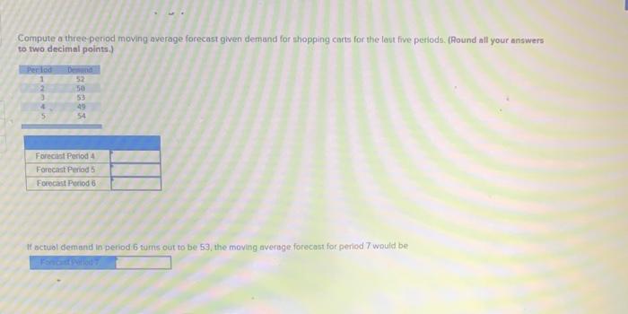 Compute a three period moving average forecast