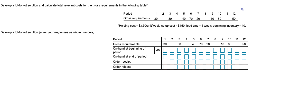 Develop a lot-for-lot solution and calculate