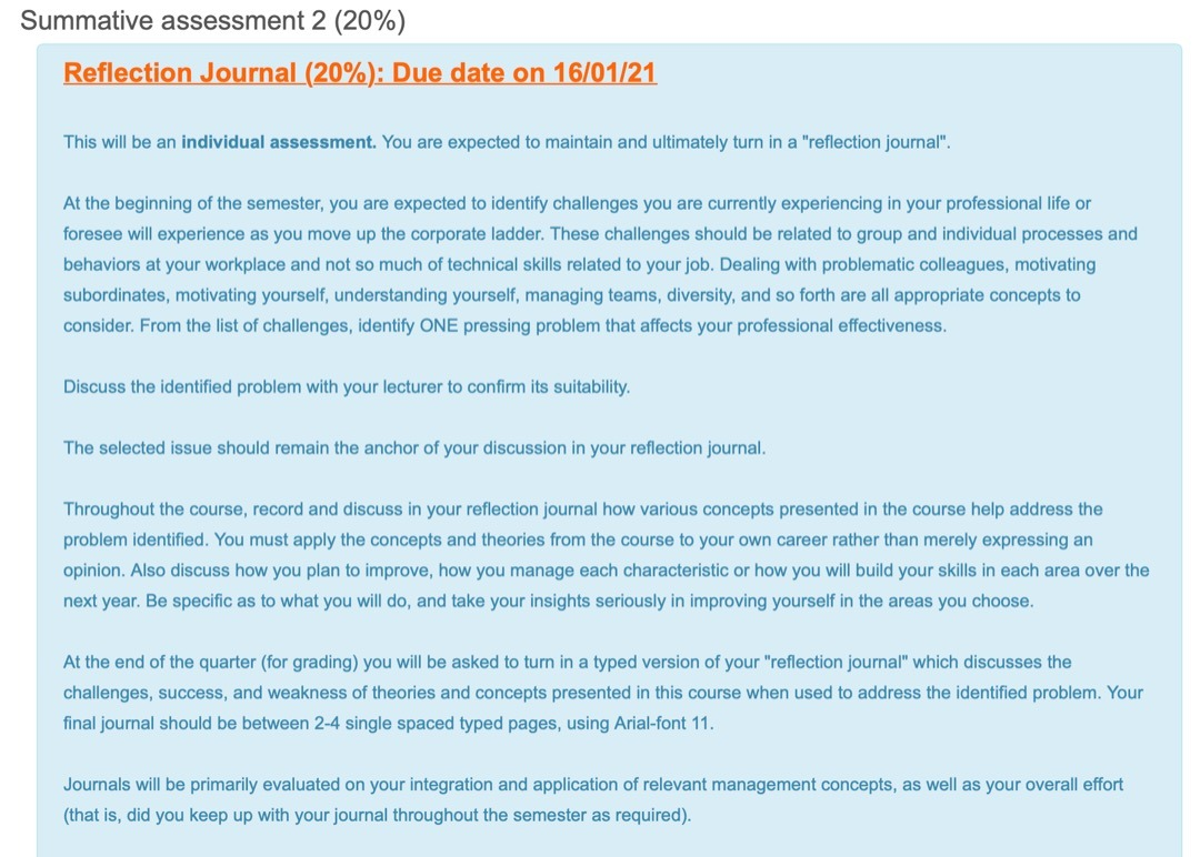 Summative assessment 2 (20%) Reflection Journal
