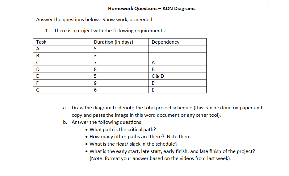 Homework Questions - AON Diagrams Answer the