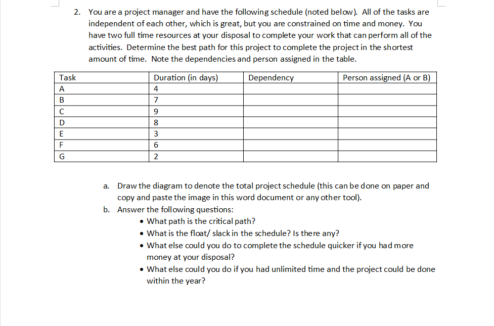Homework Questions - AON Diagrams Answer the