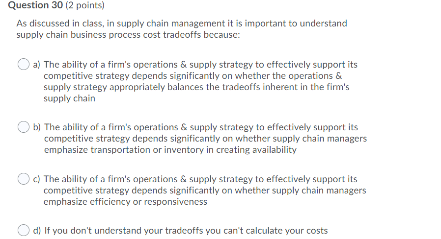 Question 30 (2 points) As discussed in class, in