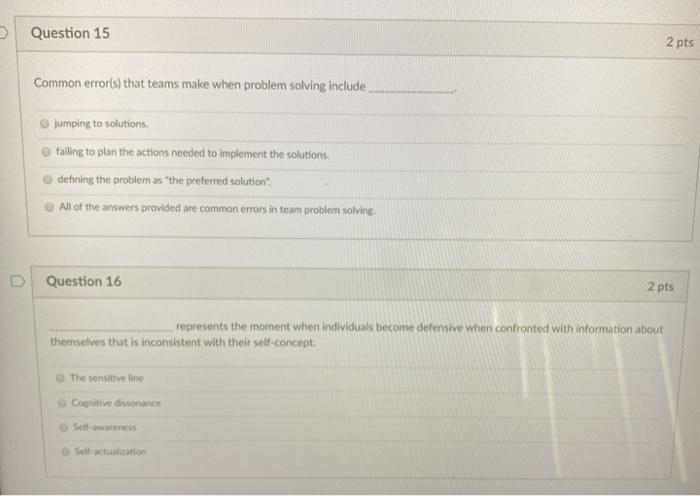 Question 15 2 pts Common error(s) that teams make
