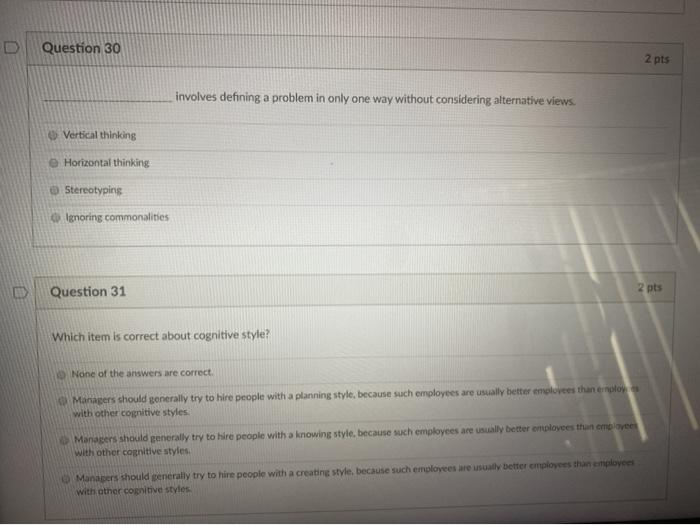 Question 30 2 pts involves defining a problem in