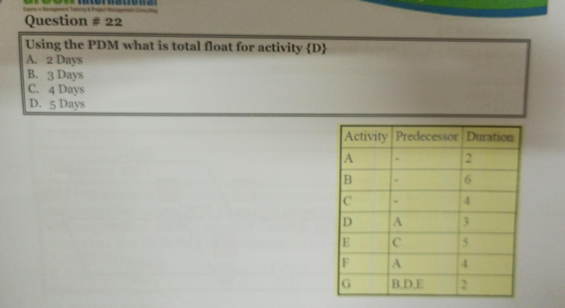 Using the PDM what is total float for activity