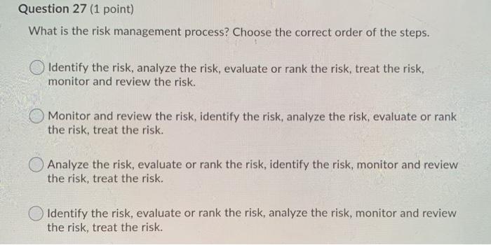 Question 27 (1 point) What is the risk management