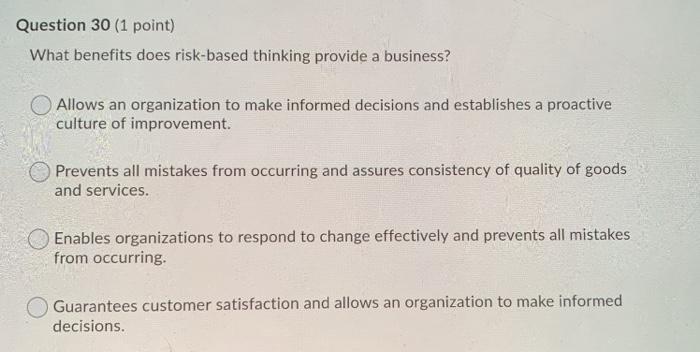 Question 30 (1 point) What benefits does