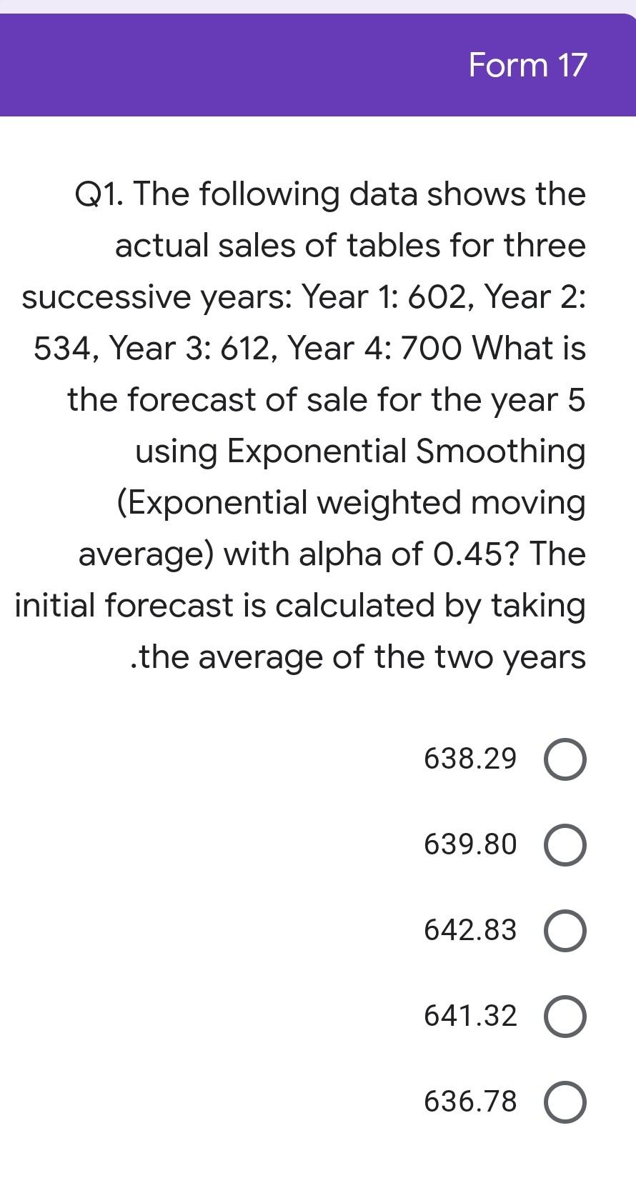 Form 17 Q1. The following data shows the actual