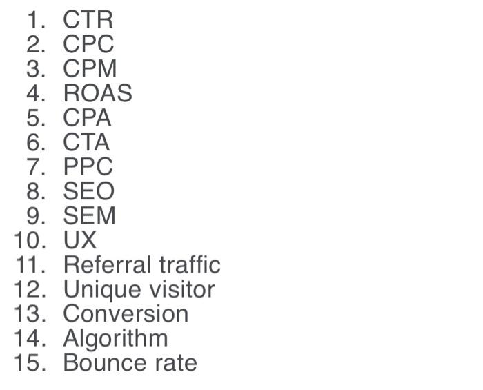 define the terms 1. CTR 2. CPC 3. CPM 4. ROAS 5.