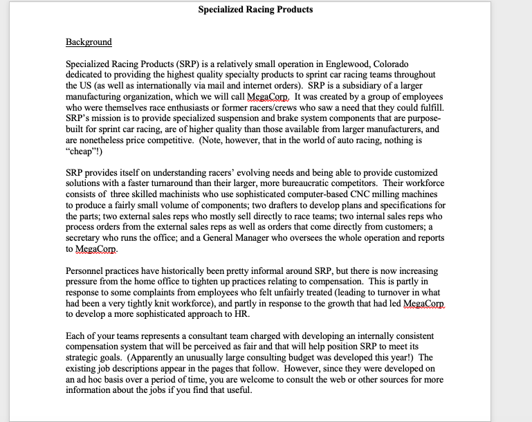 Background Specialized Racing Products (SRP) is a
