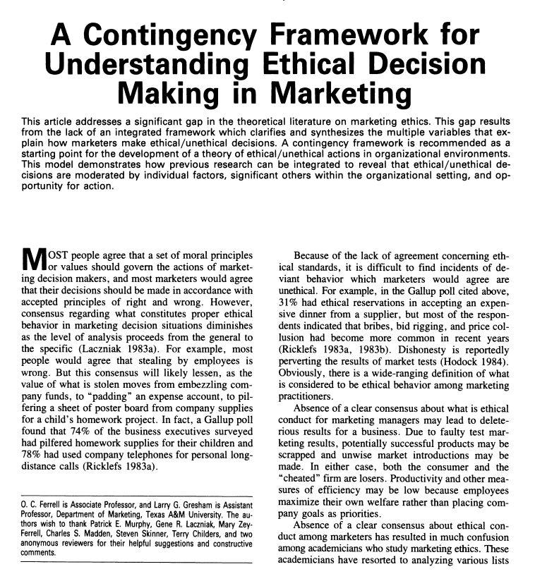 Ferrell & Gresham (1985), A Contingency Framework