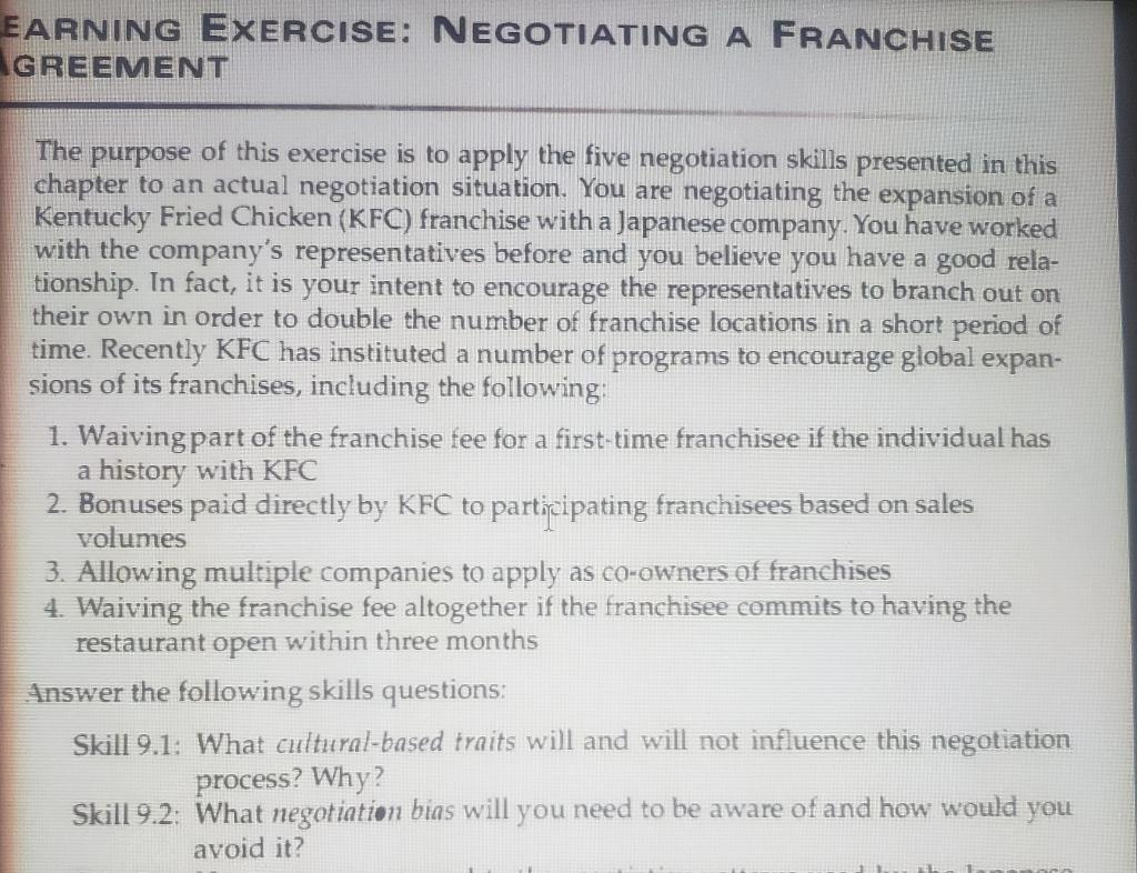 EARNING EXERCISE: NEGOTIATING A FRANCHISE