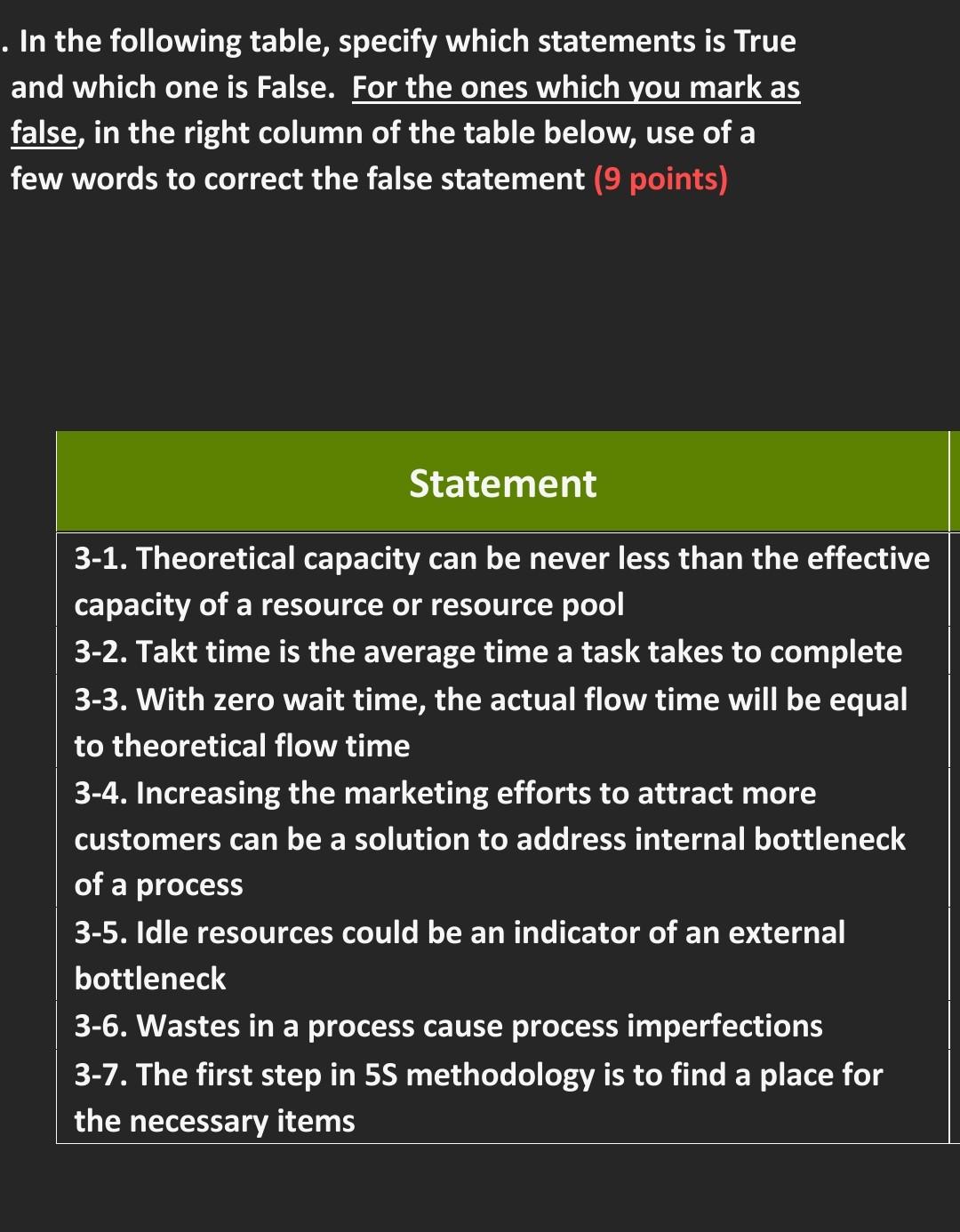 . In the following table, specify which