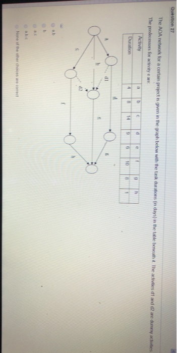 Question 27 The AOA network for a certain project