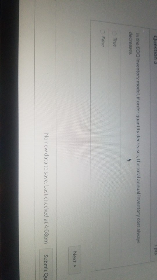 Questions In the EOQ inventory model, if order