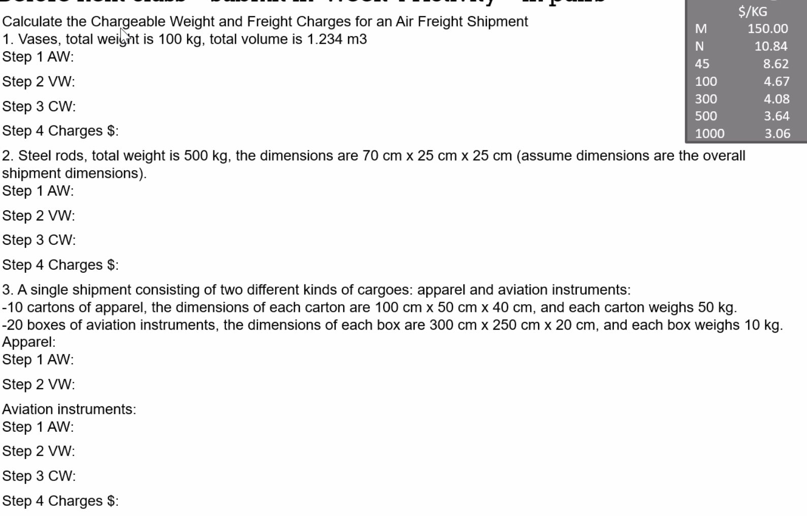 Calculate the Chargeable Weight and Freight