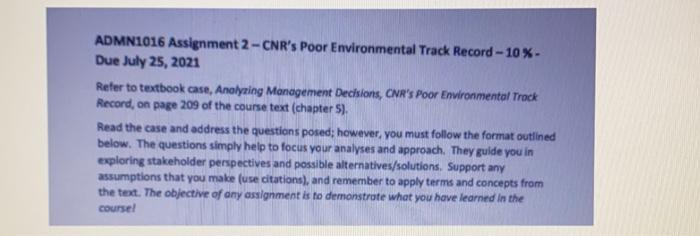 ADMN1016 Assignment 2-CNR's Poor Environmental
