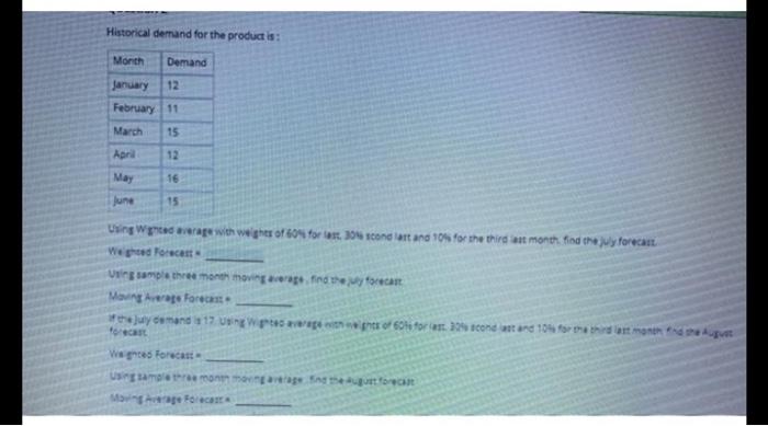 Historical demand for the product is: Month