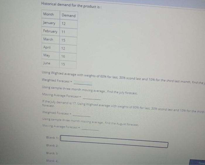 Historical demand for the product is: Month