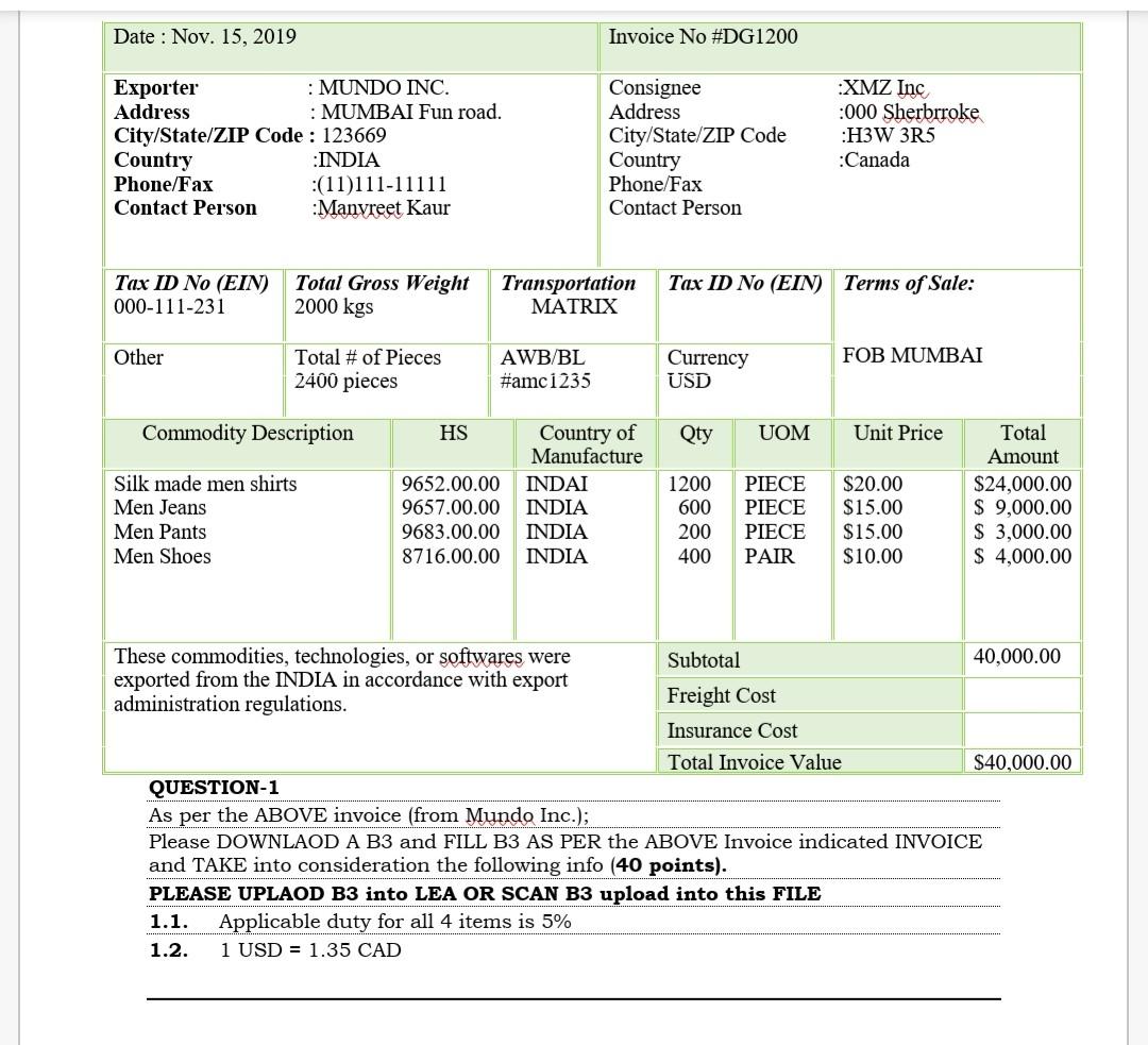 Date : Nov. 15, 2019 Invoice No #DG1200 Exporter