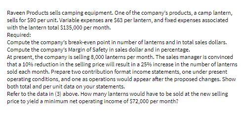 Raveen Products sells camping equipment. One of