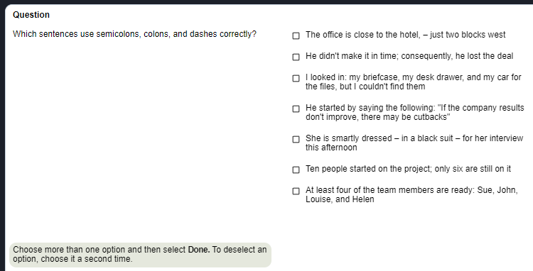 Question Which sentences use semicolons, colons,