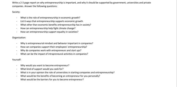 Write a 2-3 page report on why entrepreneurship