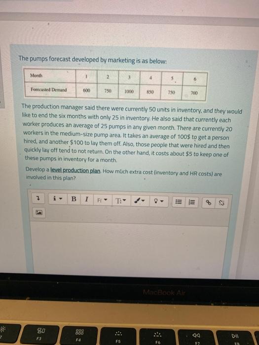 The pumps forecast developed by marketing is as