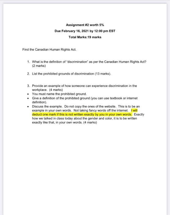 Assignment #2 worth 5% Due February 16, 2021 by