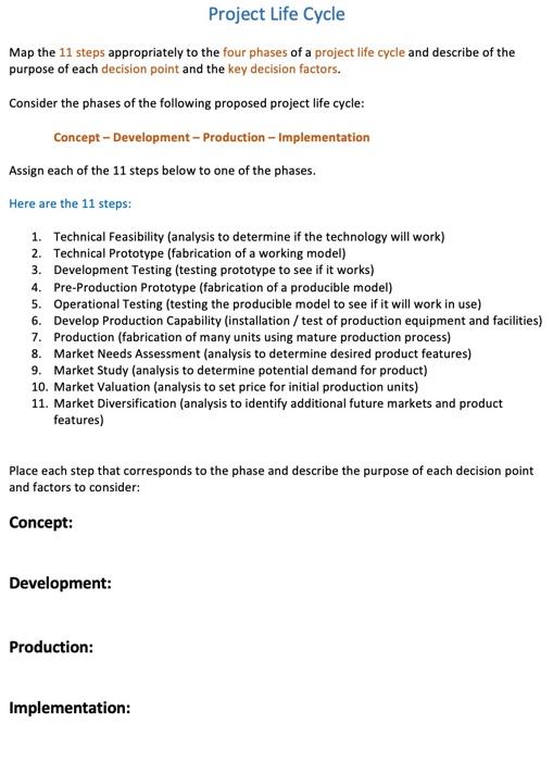 Project Life Cycle Map the 11 steps appropriately