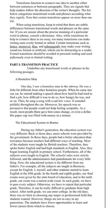 On each blank line, write a transition word that