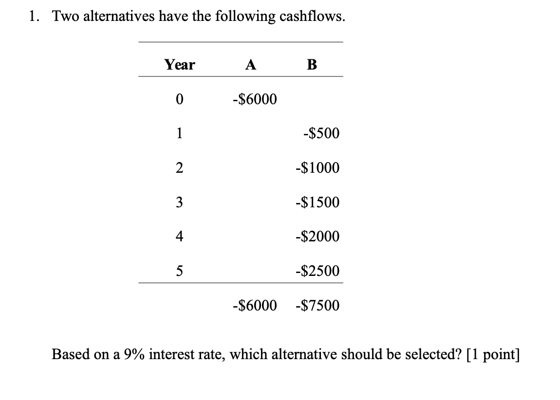 1. Two alternatives have the following cashflows.