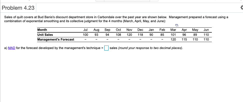 Problem 4.23 Sales of quilt covers at Bud Banis's