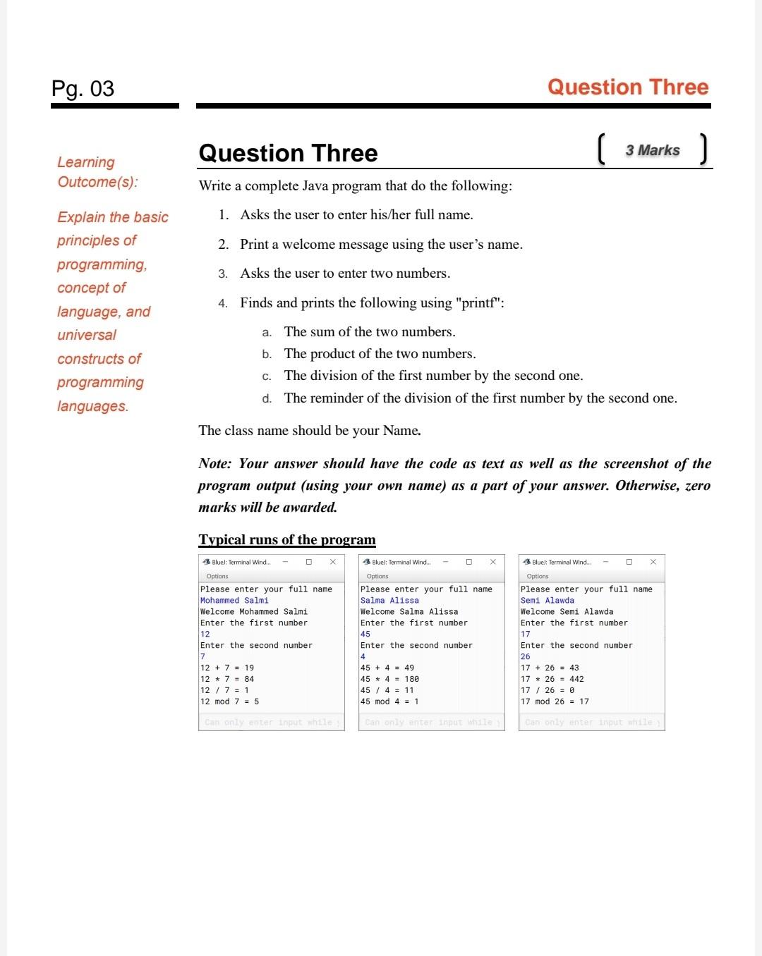 Pg. 03 Question Three 3 Marks ) Learning