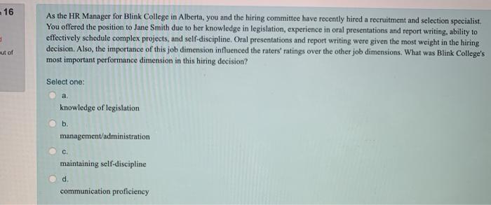 16 As the HR Manager for Blink College in